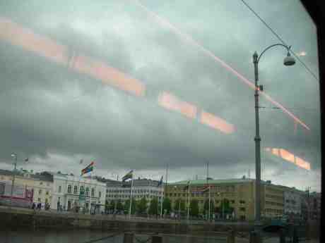 City founder Gustaf II Adolf in his pride surrounded by Rainbow flags. Från 6:ans spårvagn på Södra Hamngatan onsdag 22 maj 2013 kl 19.08.