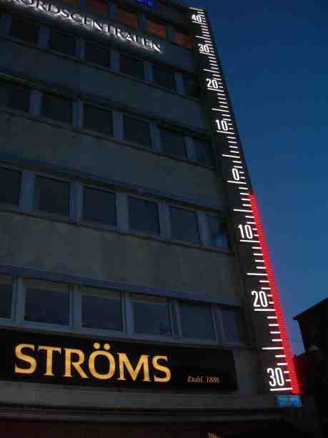 Ströms termometer. Hörnet Västra Hamngatan–Kungsgatan fredag 15 mars 2013 kl 18.34.